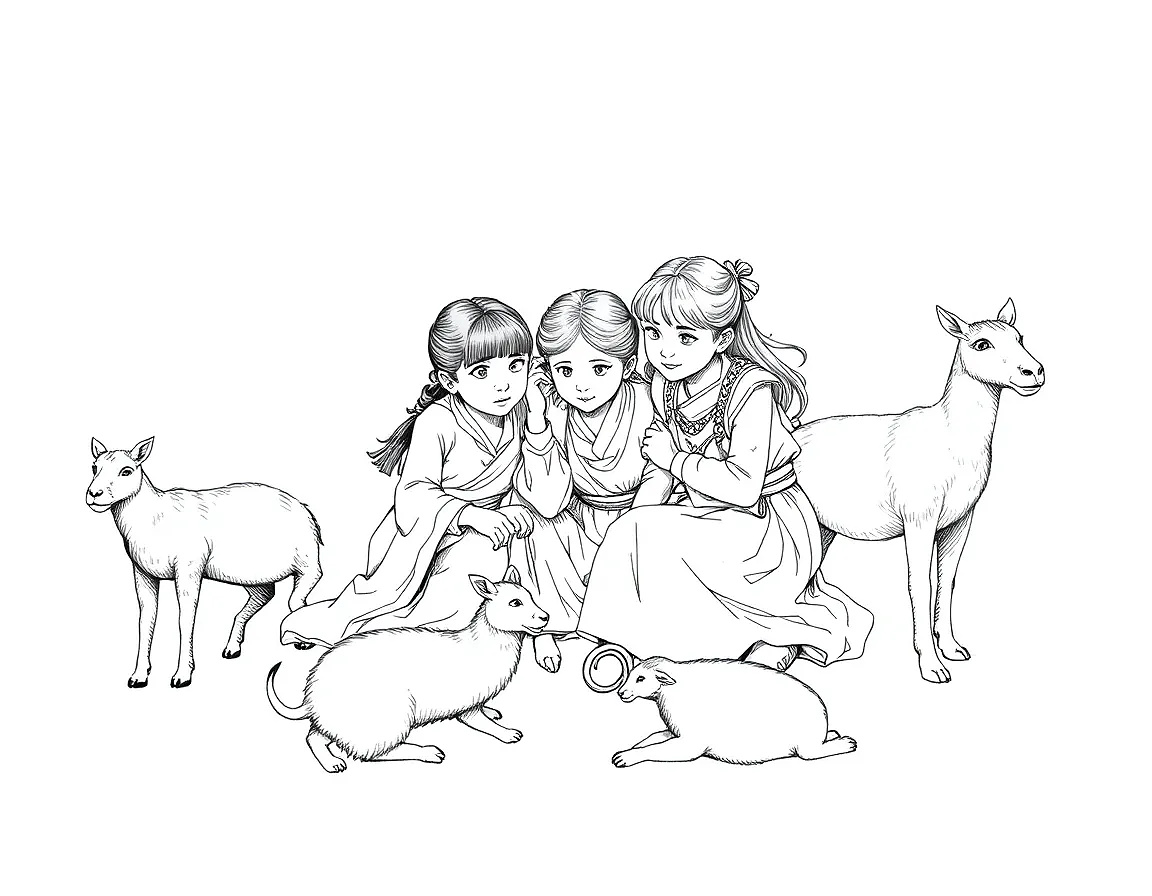 3 Little girls playing in the year 500 BC, realistic, domestic animals around the 3 girls