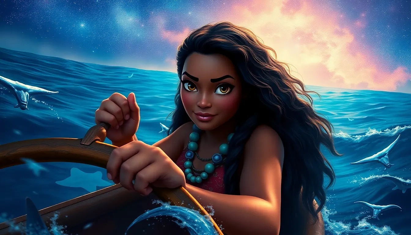“Moana steering her wayfinding raft through bioluminescent seas, manta rays beneath, sky blazing with stars, steadfast determination”