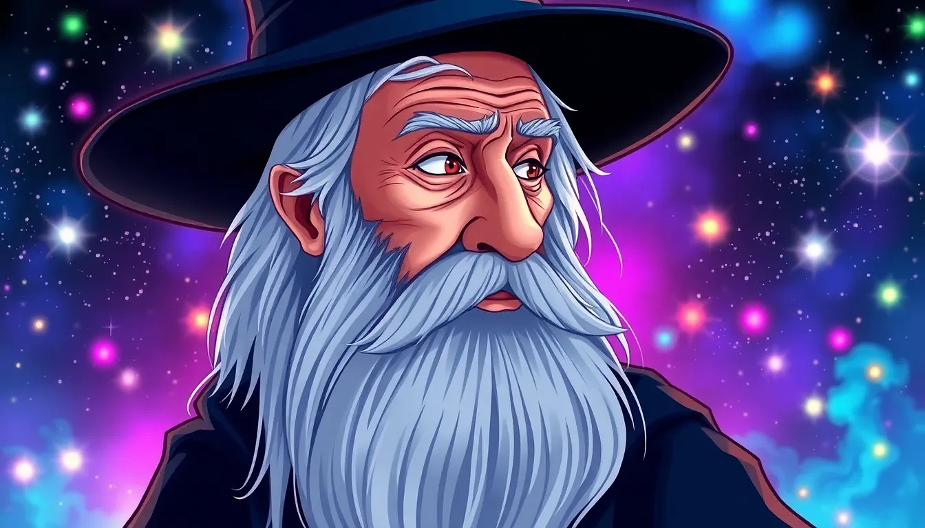 An elderly, light-skinned male wizard, likely of Middle-earth lore, is depicted in a stylized portrait.  He is in his late adult or elderly years, with a long, flowing, light blue-gray beard and hair.  He wears a dark-blue wide-brimmed hat. His expression is contemplative and wise, with a thoughtful gaze directed to the side, not directly at the viewer.  The subject's profile view emphasizes his strong jawline and features. He has prominent wrinkles around his eyes and mouth, suggesting his age. His attire is dark, possibly a robe or cloak underneath the hat.  The setting is a night sky filled with vibrant, glowing, colorful lights, like stars and sparks.  The background is a mix of deep blues, purples, and pinks, with light sources appearing to illuminate the wizard's face and hair. The lighting is dramatic and highlights the wizard's face and long hair. The style is illustrative, with bold outlines and vibrant color gradients, hinting at a fantasy or magical theme.  The image is in a three-quarter profile view, with the subject positioned slightly off-center to the left side of the frame.  The composition is focused on the wizard's face and emphasizes his wise and powerful presence.