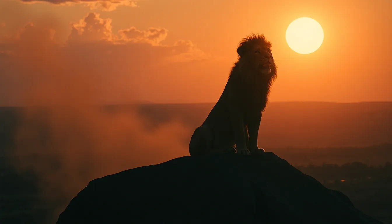 “Simba atop Pride Rock at sunrise letting out his first mighty roar, dust swirling from the savanna, golden light rays, proud determination”
