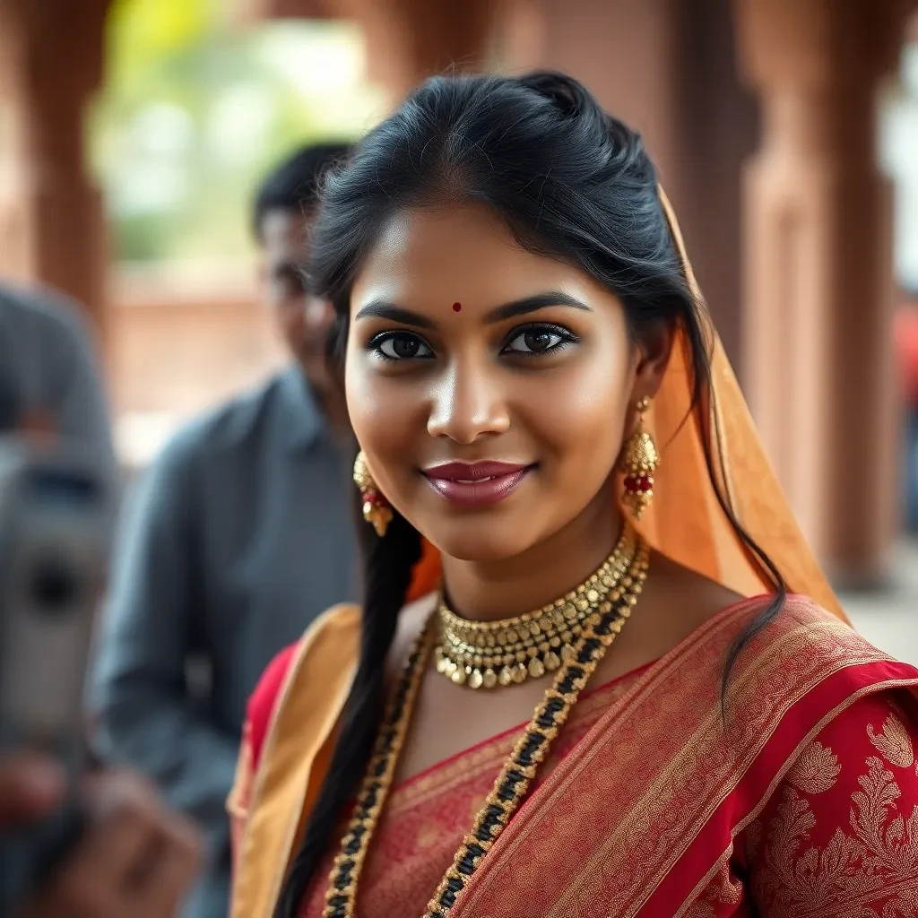 Indian woman with round face, 30 years old, light brown skin, dark brown hair, brown eyes, wearing Glorious clothes in her marriage ceremony and greeting gests