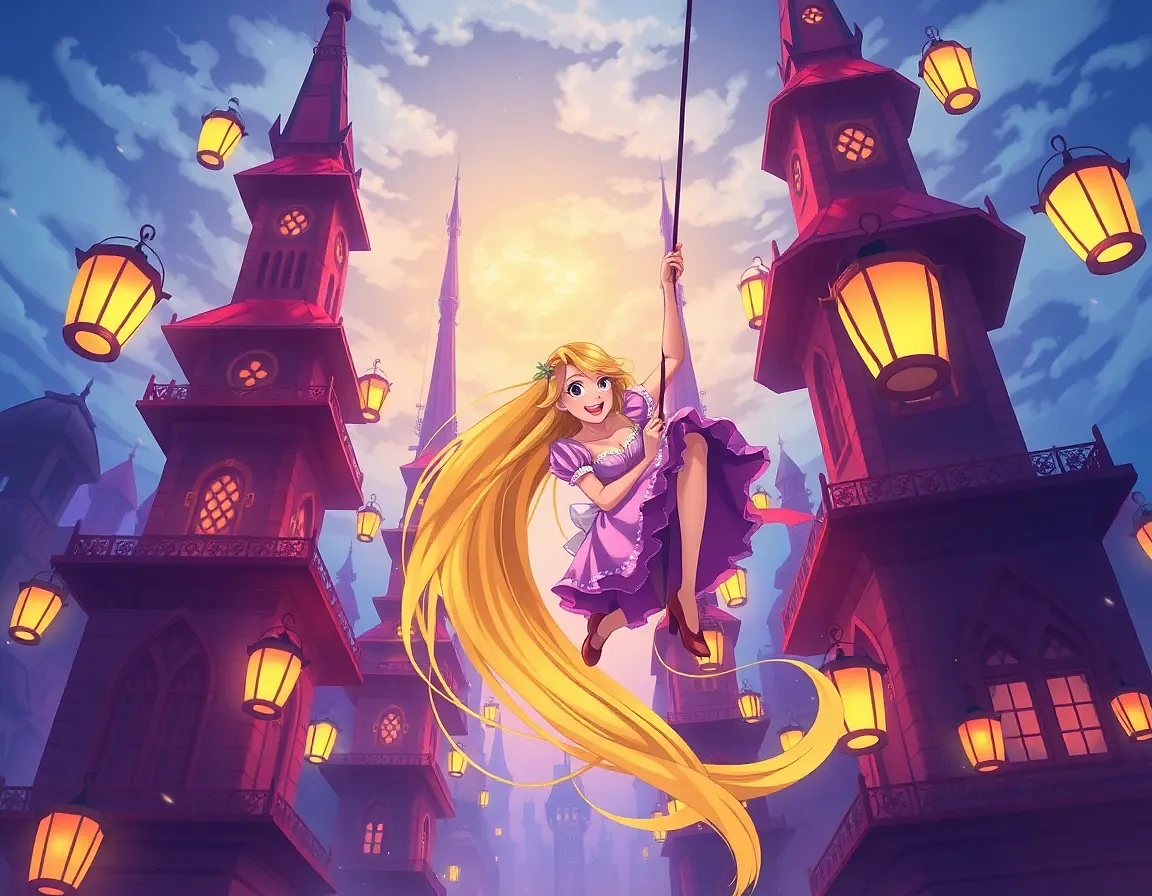 “Rapunzel swinging from her glowing hair between towering lantern-lit spires, joyful shout, Pascal clutching on, dynamic Dutch angle”