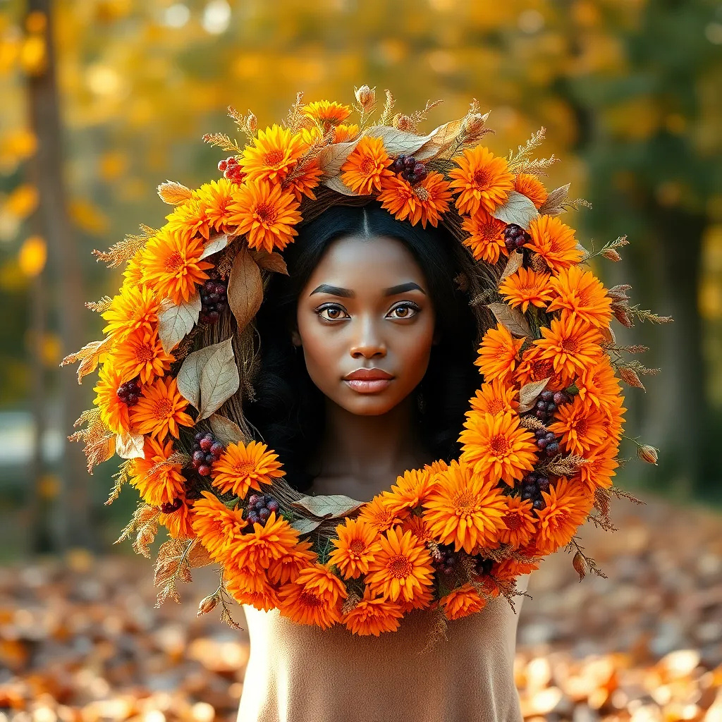 A cozy autumn wreath with orange marigolds, dried leaves, and berries, warm golden lighting.