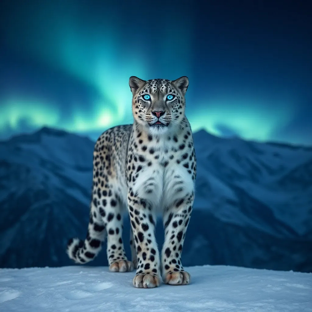 A snow leopard with glowing blue eyes, standing on a frozen mountain under the northern lights.