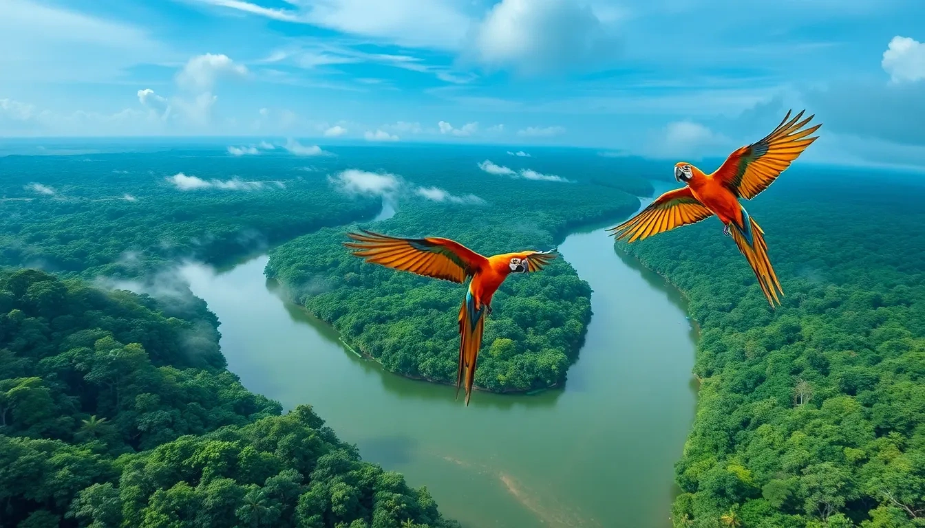 “Macaws swooping above emerald Amazon canopy, serpentine river glimmering in distance, mist chimneys rising, helicopter shot, photographic, panoramic view”
