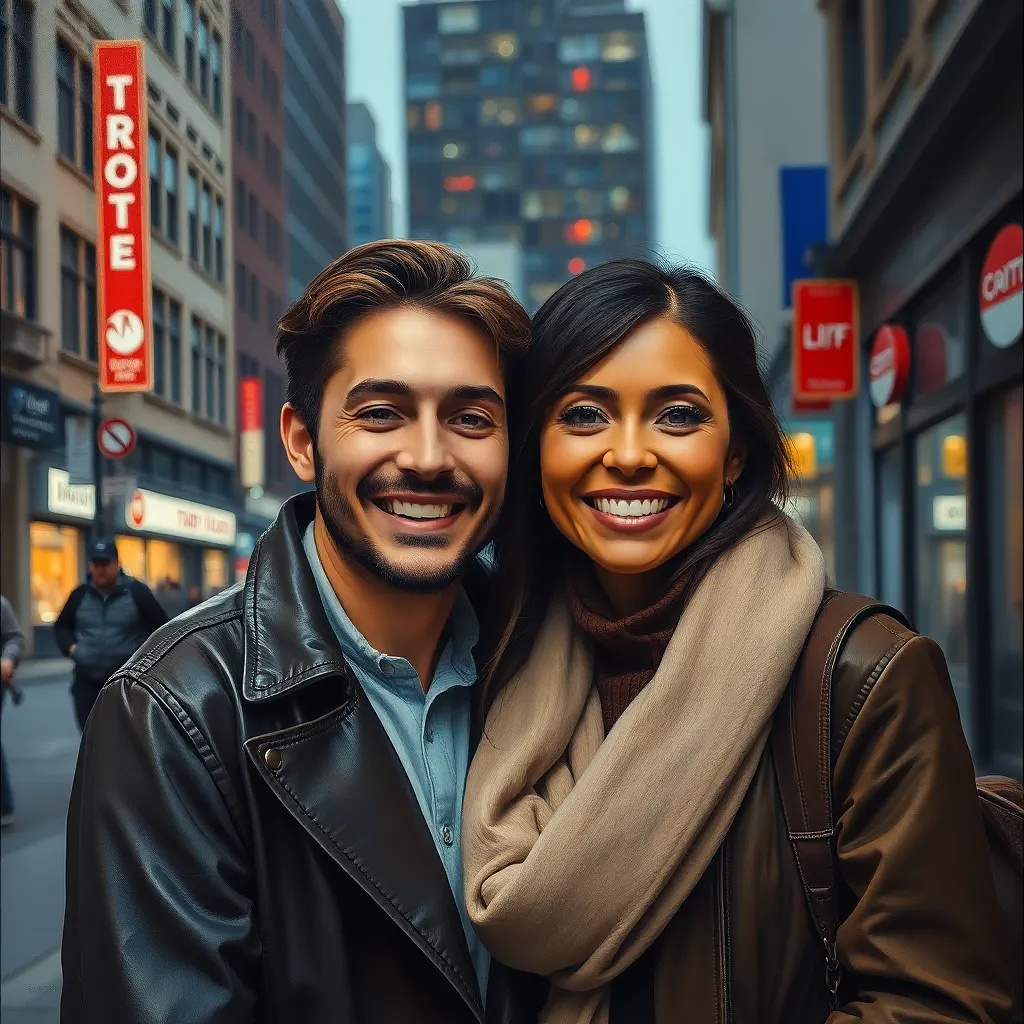 Happy couple in Toronto streets, oil painting