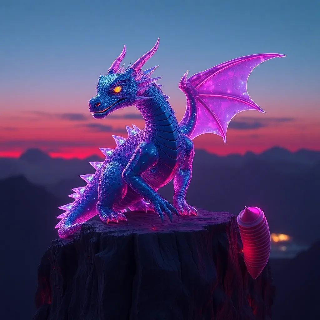 “Crystal dragon perched on a neon cliff at twilight” – ultra-detailed ZBrush sculpt, subsurface scattering, ray-traced reflections, studio render, 4 K