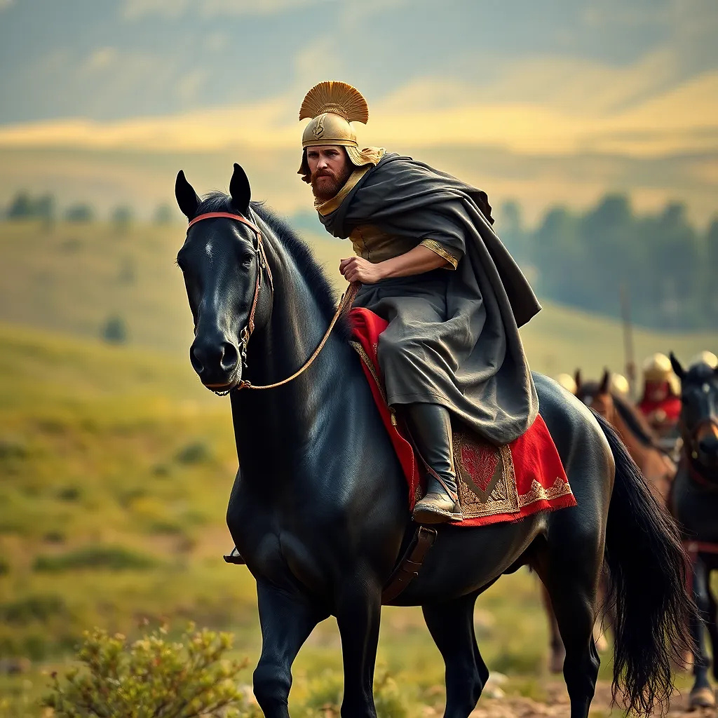 Alexander the Great is riding his black horse, going to war with his scaring army.