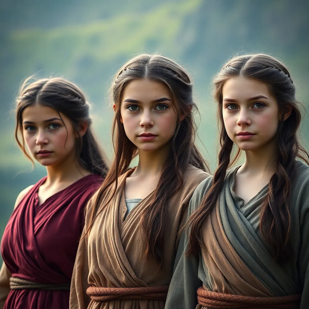 3 girls in the year 500 B.C, background: fantastic nature