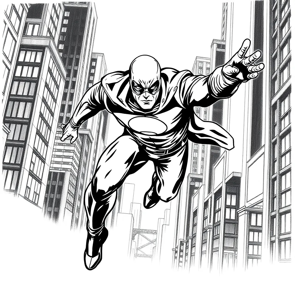A masked superhero leaping through a neon-lit city at night, dramatic shadows, bold ink outlines, dynamic pose, classic comic book art style.