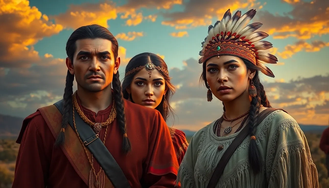 Native Americans couple wearing traditional clothes in the year 1733, background: Texas desert