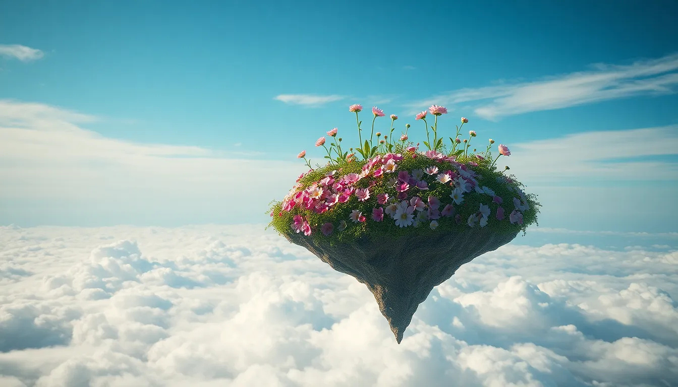 Flowers growing out of a floating island in the sky, clouds beneath, fairytale aesthetic.
