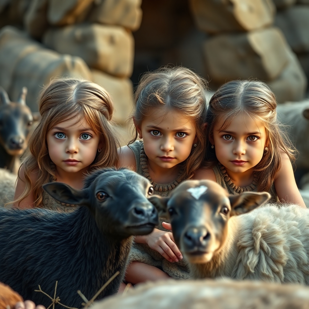 3 Little girls playing in the year 500 BC, realistic, domestic animals around the 3 girls