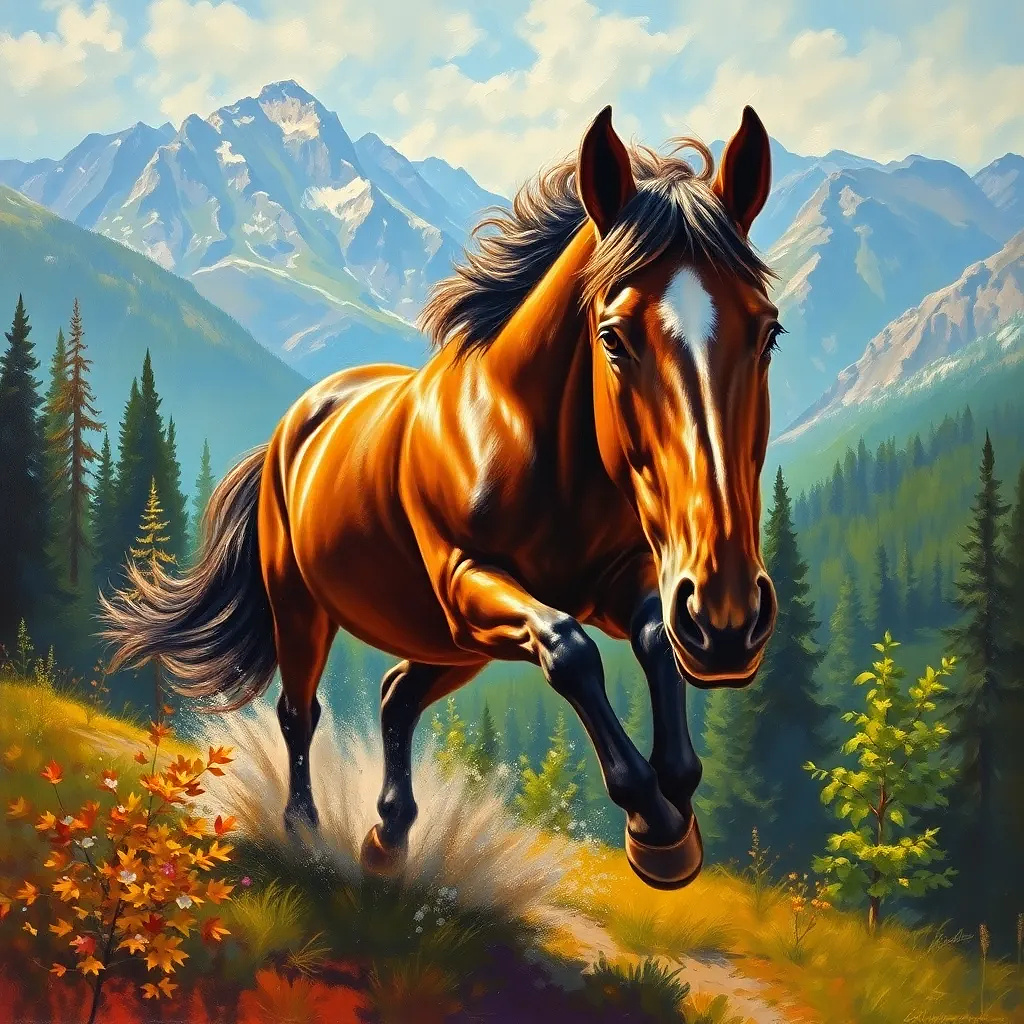 Horse running in moutains and forest, oil painting