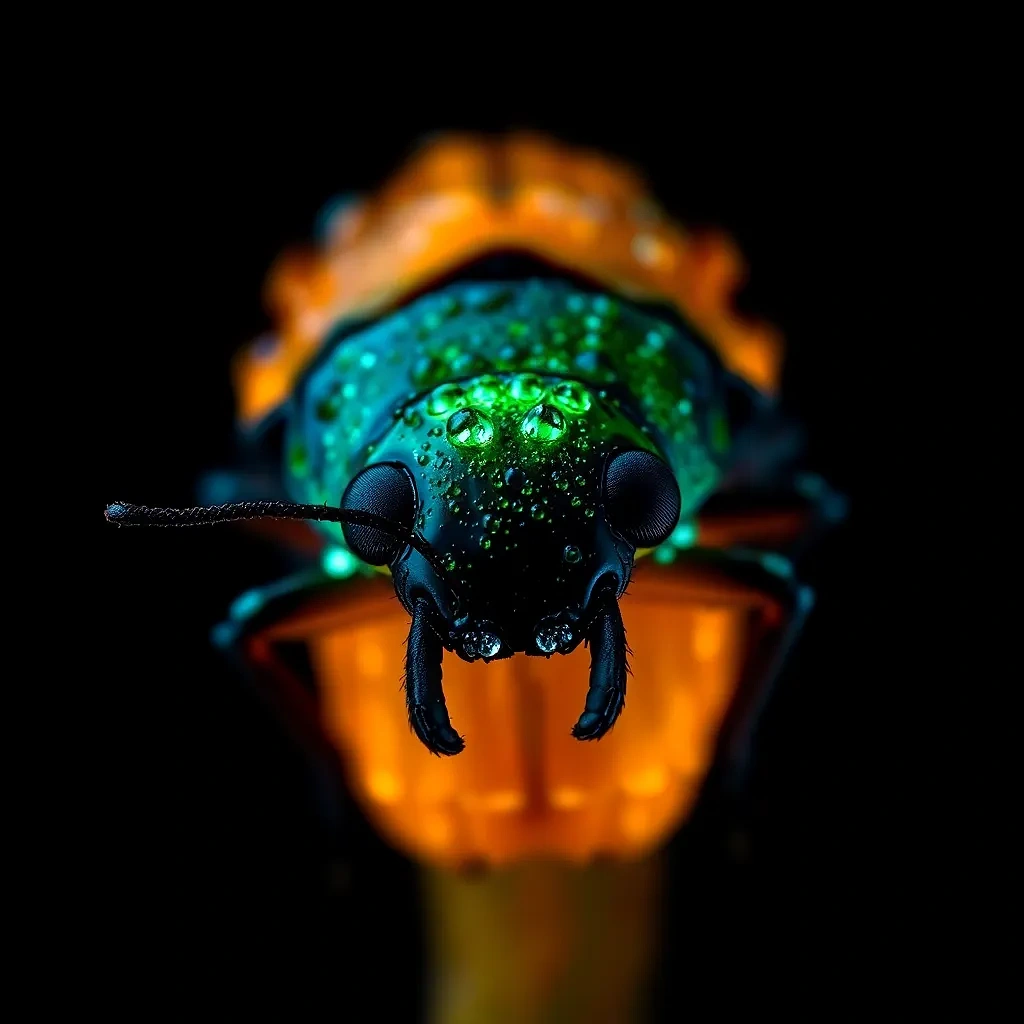 “Hyper-detailed macro of dew-covered bioluminescent beetle” – 100 mm macro lens, focus stacking, black backdrop