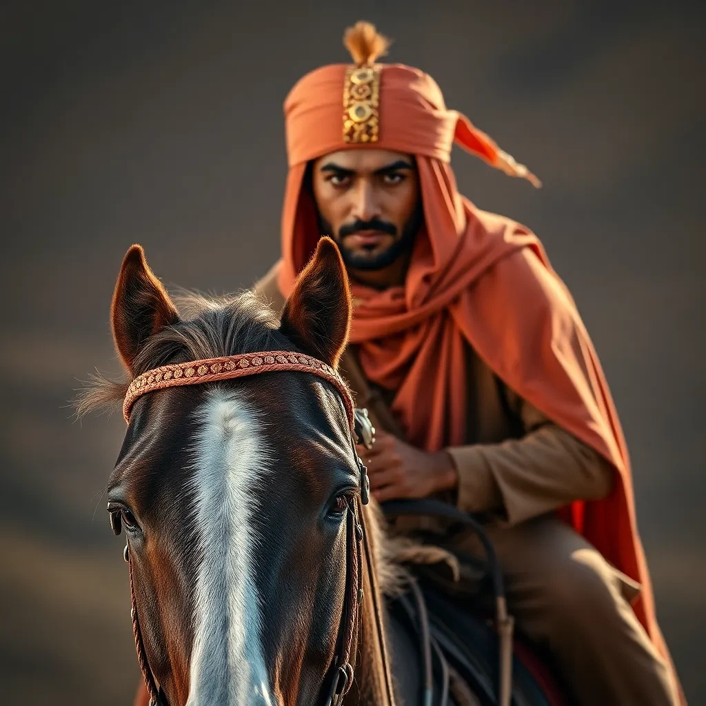 Moroccan prince riding horse, "negative-prompt": "mdium shot, close-up shot"