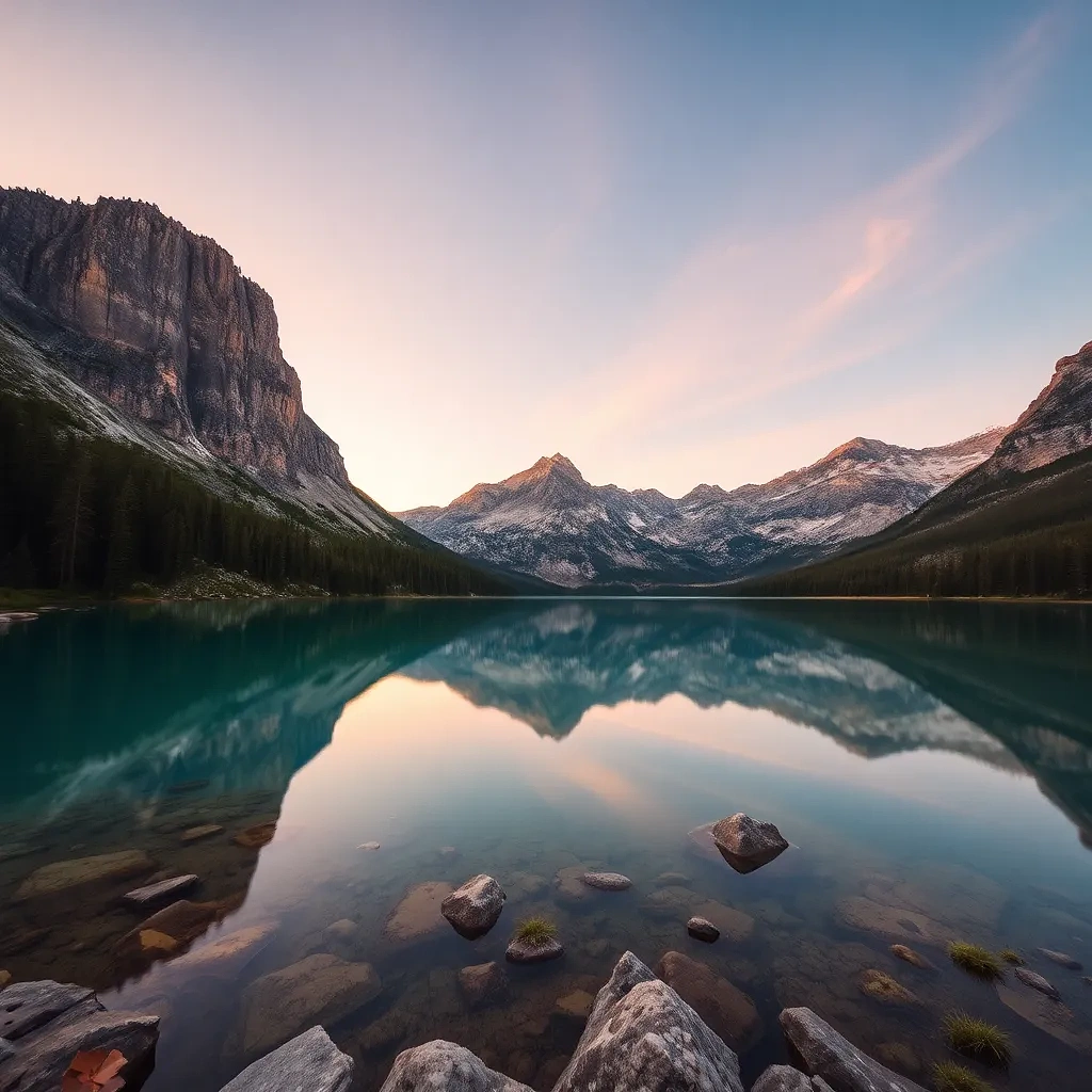 “Crystal-clear alpine lake reflecting jagged granite spires and sunrise pastel sky, long exposure silky water, tripod shot, photographic”