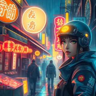 A cyberpunk street market at night, glowing neon signs in Japanese, futuristic outfits, rain and mist in the air, bold neon punk color palette.
