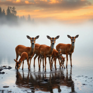 A family of deer drinking from a crystal-clear forest stream, morning fog floating above the water.
