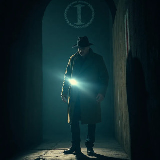 Detective entering a serial killer’s lair, flickering flashlight revealing bloody symbols on the walls, breath visible in the cold.
