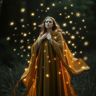 A celestial weaver spinning constellations into a cloak, surrounded by floating ancient runes, ethereal and luminous.