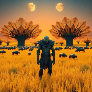 golden grassland under twin moons, where plants grow in geometric, honeycomb-like patterns. Giant fan-shaped trees with semi-transparent leaves cast prismatic shadows. Herds of armored creatures graze, their hides reflecting the sunset. Ultra-detailed, otherworldly but plausible.