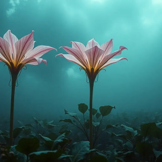 Giant carnivorous flowers with translucent petals that change color when touched, surrounded by mist in an extraterrestrial swamp.