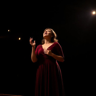 Opera singer mid-aria, emotions raw, spotlight isolating them on stage as the audience fades into darkness.