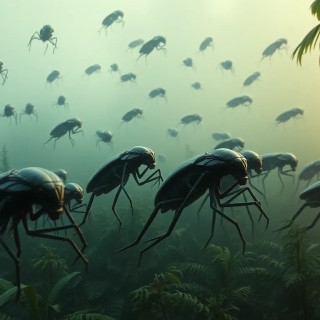 A swarm of insectoid aliens with metallic exoskeletons, descending upon a jungle like a living storm, cinematic terror