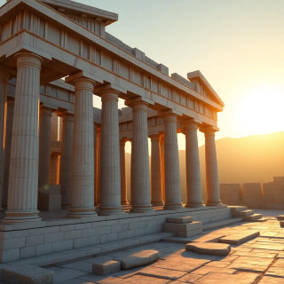 A hyper-realistic 3D render of an ancient Greek temple at golden hour, intricate marble details, warm sunlight casting long shadows, ultra-high resolution, cinematic composition