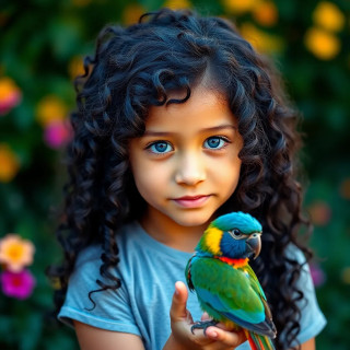 A very beautiful 11 years old girl, long curly black hair with blue eyes, a colorful bird on her hand, background: flowers