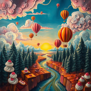 A surrealist bakery where cakes grow like forests, frosting rivers flow, and macaron hot air balloons drift above a caramel sunset.