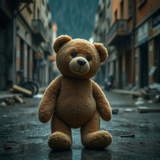 Abandoned teddy bear in a bombed-out street, rain pouring down, a single beam of light hitting its frayed stitching.