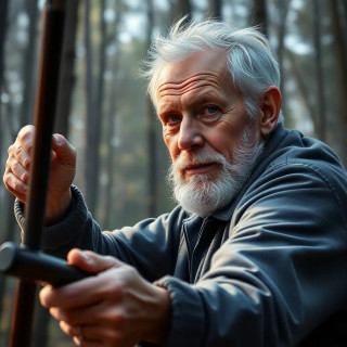 old man doing sport in the forest