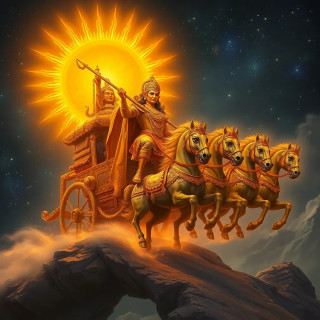 Surya, the Sun God, riding a radiant golden chariot pulled by seven glowing horses across a starry sky, intricate divine armor, Indian art reinterpreted in fantasy style