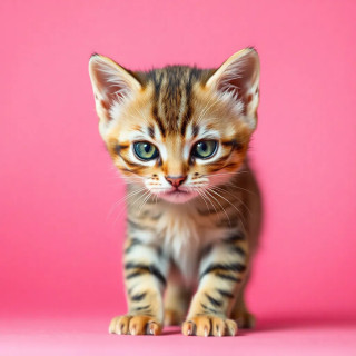 A small kitten, likely a few weeks old, is the central focus of the image.  The kitten is a light brown tabby, with darker brown stripes.  Its eyes are large and a light greenish-gray color, and appear intense or slightly angry, giving it a serious or curious expression. The kitten has a short, fluffy coat.  The kitten is positioned in the center-left of the image, facing directly at the viewer. The pose is alert and inquisitive. The background is a soft gradient of pinkish-red and purplish-pink, with no specific details. The lighting is direct and bright, highlighting the kitten's features and fur. The overall style is a close-up, detailed portrait, with a clear focus on the kitten's facial features and expression.  The perspective is slightly above the kitten.  The image's mood is straightforward, intimate, and attention-grabbing.