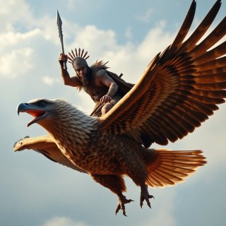 Realistic, strong, Ancient worrior riding big eagle and flying in the sky.