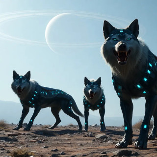 A pack of cybernetic wolf-like creatures with holographic fur, hunting on a planet with rings in the sky, sci-fi realism.