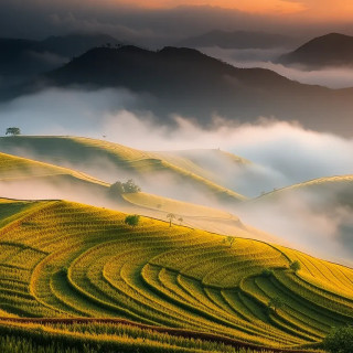 Glistening rice terraces of Vietnam at dawn, mist rising from valley, leading S-curve pattern, wide dynamic range, oil painting