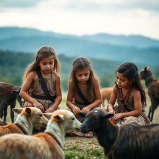 3 Little girls playing in the year 500 BC, realistic, domestic animals around the 3 girls