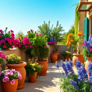 “Vibrant Mediterranean terrace with terracotta pots packed with bougainvillea, geraniums, lavender, and blue agapanthus against sun-washed stucco wall, photographic”