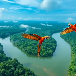 “Macaws swooping above emerald Amazon canopy, serpentine river glimmering in distance, mist chimneys rising, helicopter shot, photographic, panoramic view”