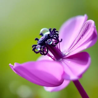 “Macro of violet anemone with crystal dew droplets, 100 mm lens, f/2.8, rich bokeh, photorealistic, photographic”