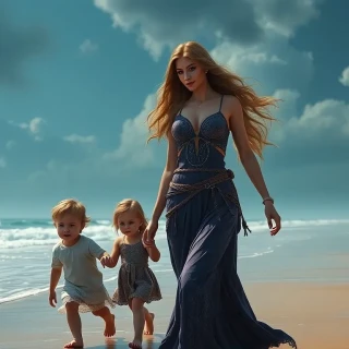 A glorious woman walking with her 2 children. she is hold their hand at the beach.