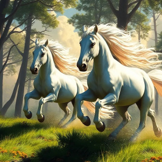 2 white horses running in the forest in a sunny day.