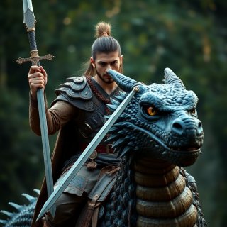 Ancient prince holding a sword and riding dragon, ultra realistic, medium shot