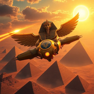 The Egyptian god Ra piloting a golden solar spaceship over the pyramids, shooting sunbeams from mechanical wings, cosmic desert backdrop, ancient-future fusion