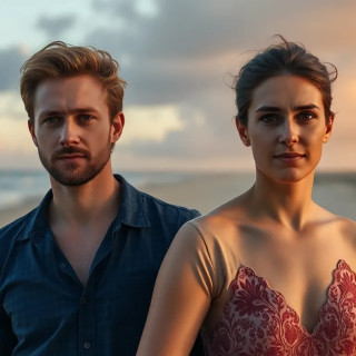 australian couple walking in the beach, full background view