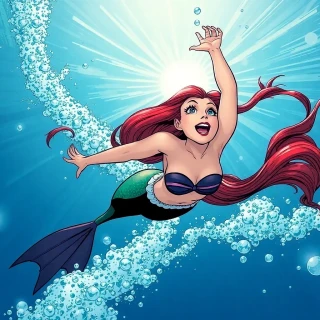 “Ariel rocketing upward through sunlit ocean, trail of bubbles, face alight with hope as she reaches for the surface”