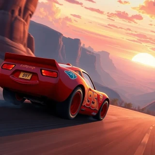 “Lightning McQueen drifting through a desert canyon hairpin, sparks flying off tires, sunset horizon ablaze, competitive grin”